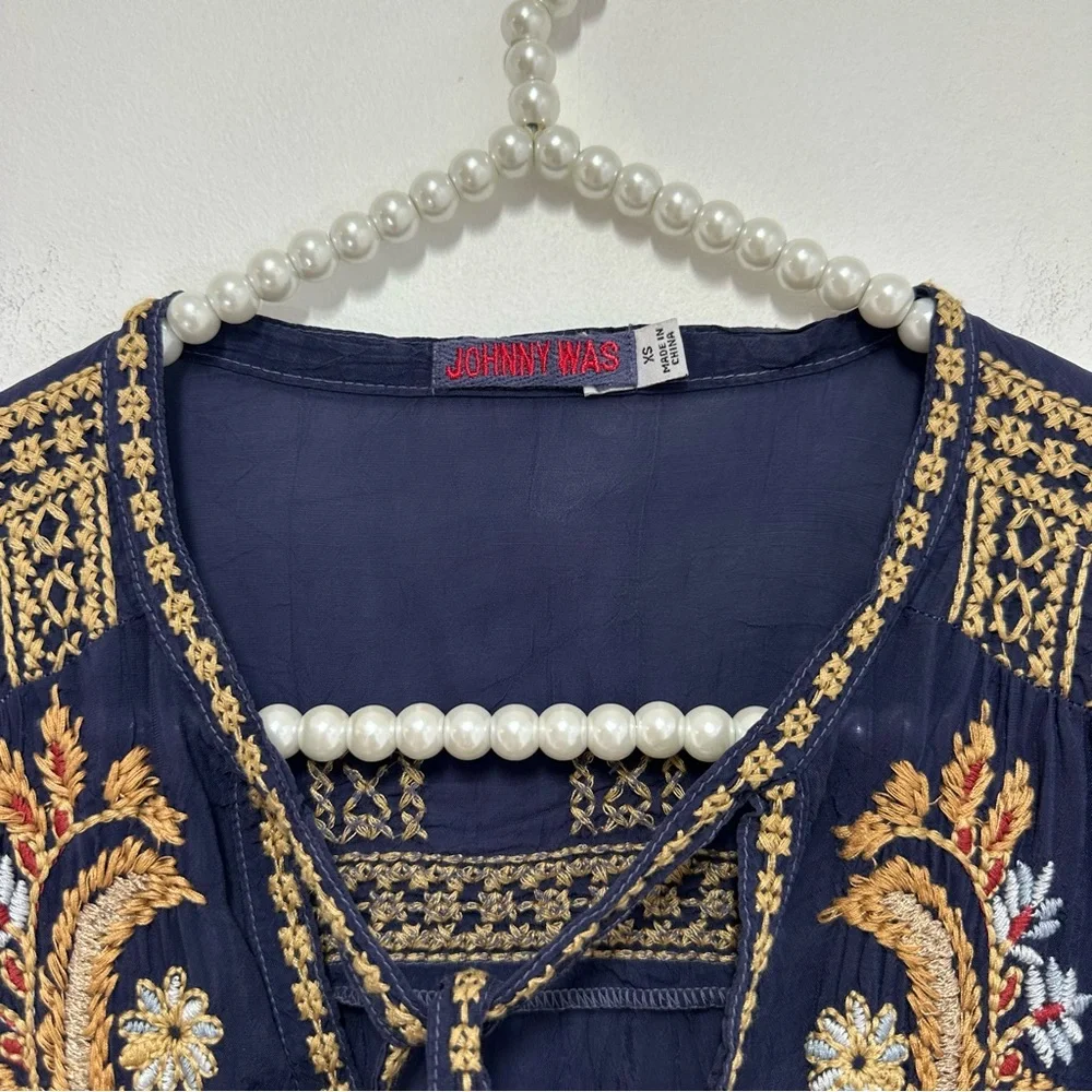 Johnny Was Minerva Blue Gravel Embroidered Blouse in Navy Blue and Gold